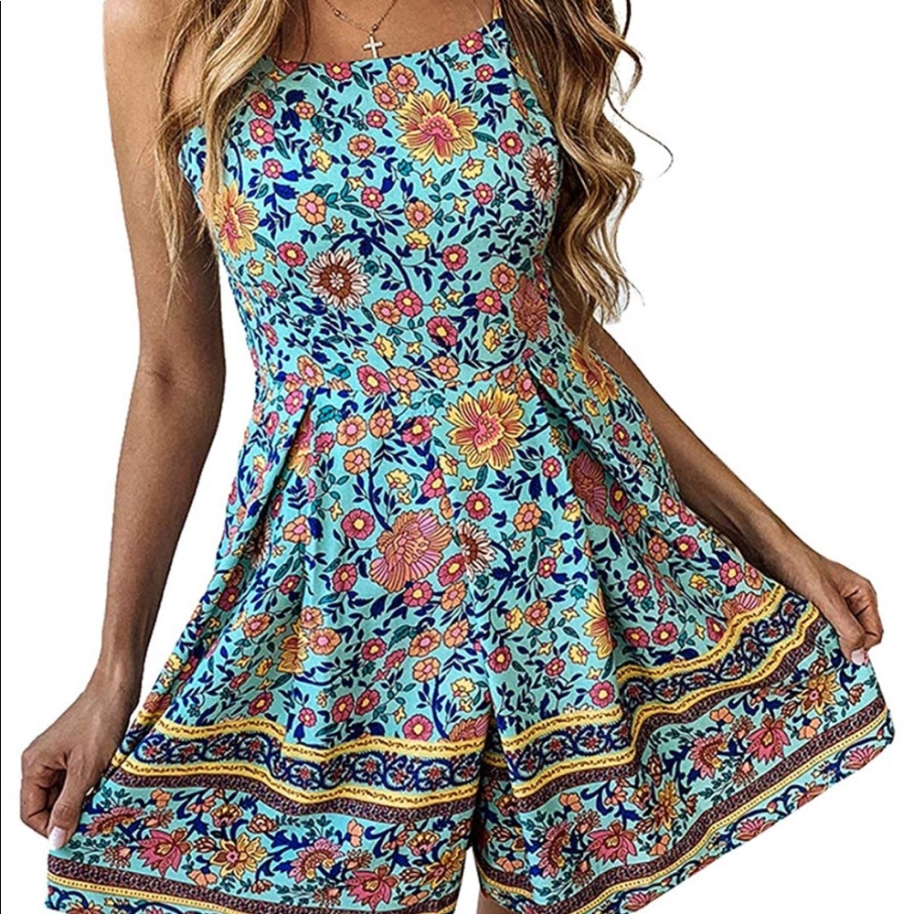 🏆🆕 Turquoise Floral Romper - Picture 2 of 5
